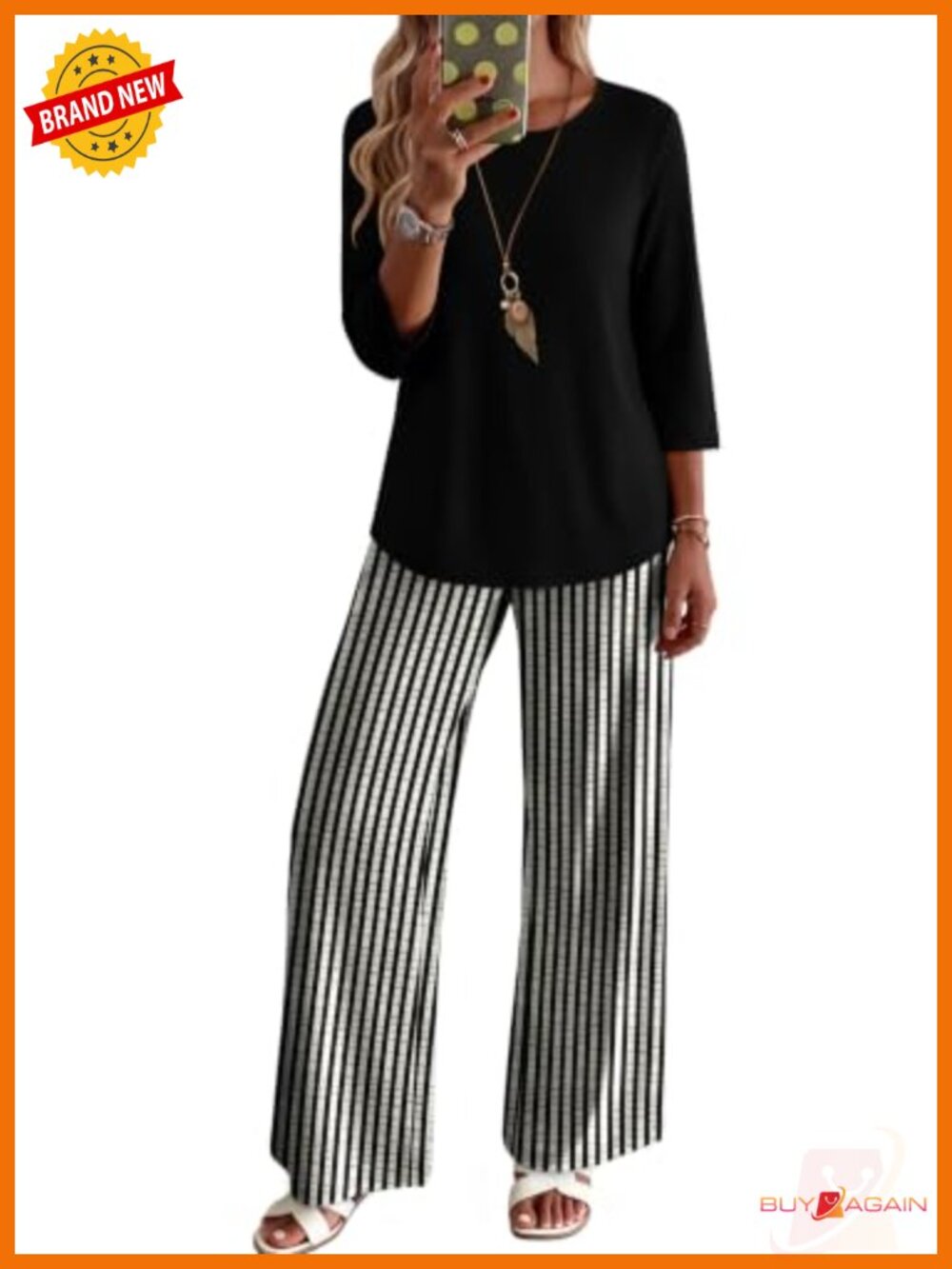 Two Piece Lounge Set 3/4 Sleeve Top & Printed Pants with Pockets